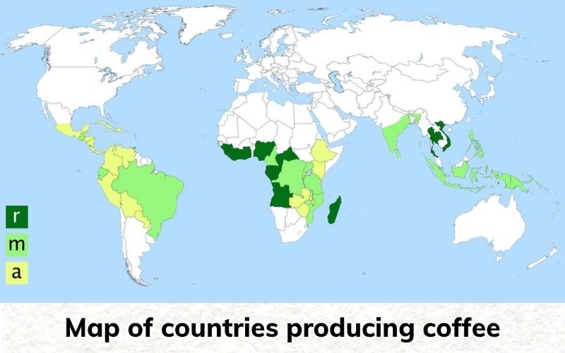 Maps of countries producing Robusta, Arabica and both types of bean