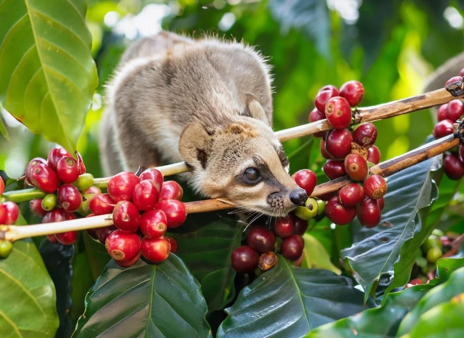 Weasels know how to distinguish the best quality ripe coffee beans.