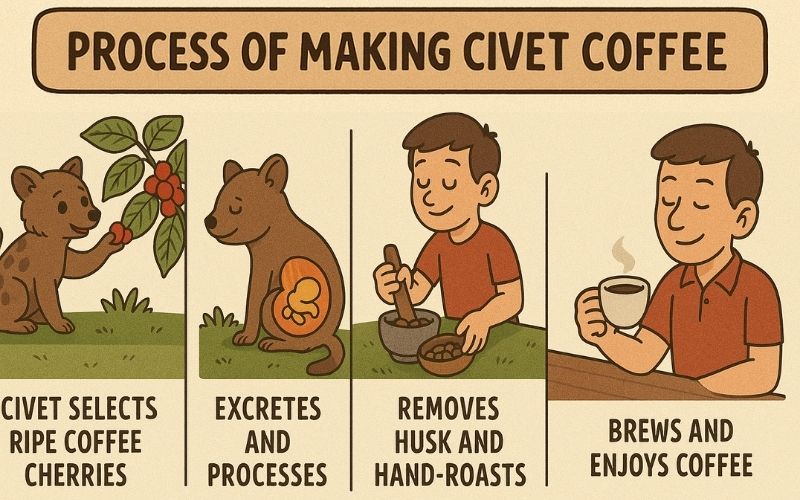 Process of making weasel coffee (civet coffee).