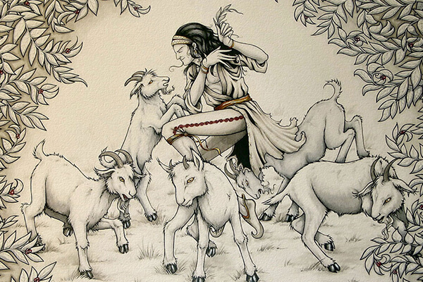 Illustration of Kaldi and his goats discovering the coffee plant