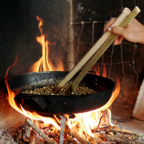 roasting coffee with wood stove
